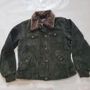 Women's Green Suede Jacket with Faux Fur Collar